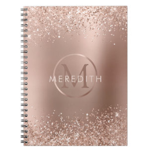 Caderno Espiral Monograma Metálico de Rosa de Trendy Dourado Glit