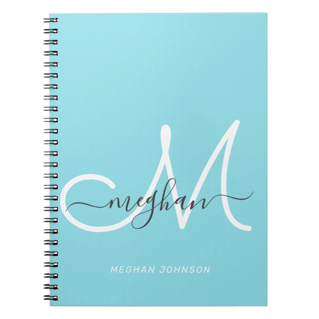 Caderno Espiral Monograma Modern Chic em Azul Claro e Branco Scrip (Frente)