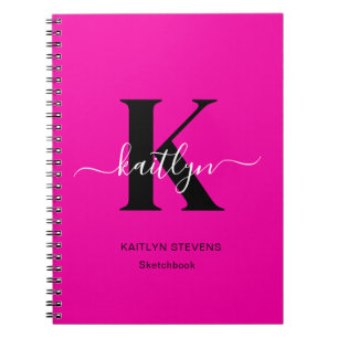 Caderno Espiral Monograma Moderna em Preto e Rosa Choque