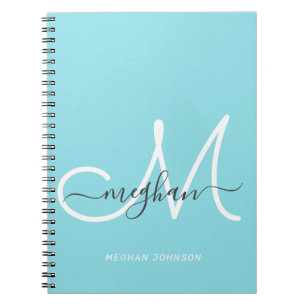 Caderno Espiral Monograma Moderno Chic em Azul Claro e Branco com