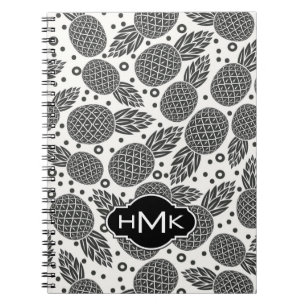 Caderno Espiral Monograma monocromático dos abacaxis  