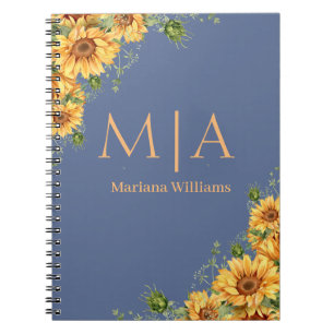 Caderno Espiral monograma monograma girassóis laranja azul nova