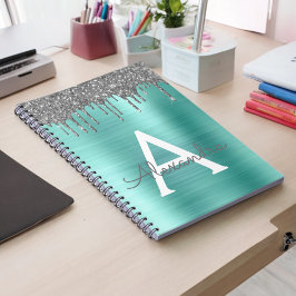Caderno Espiral Monograma Nome em Metal Brilhante com Brilho Azul 