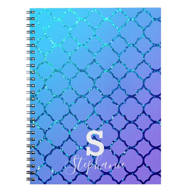 Caderno Espiral Monograma Nome inicial Azul Glitter Quatrefoil Leg (Frente)