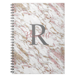 Caderno Espiral Monograma Nome Inicial Branco Cinza Dourado Rosa M
