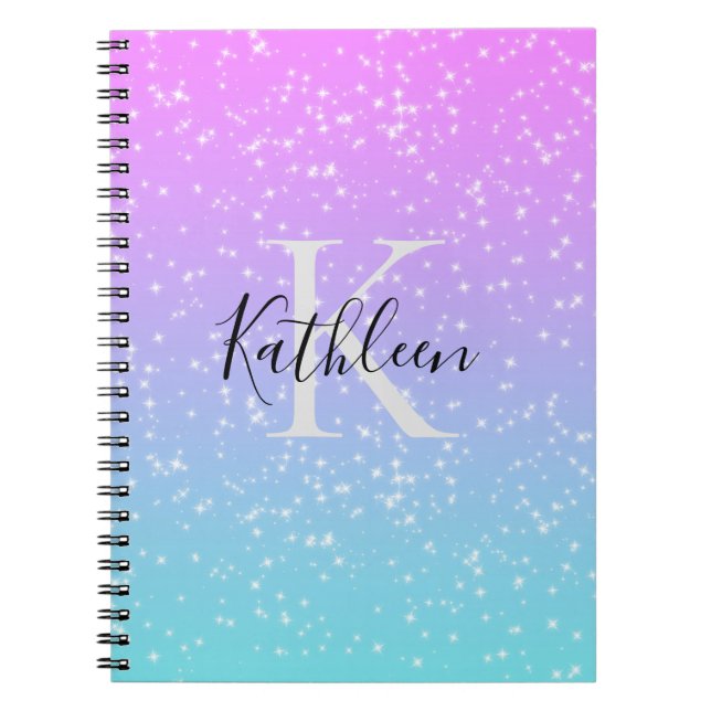 Caderno Espiral Monograma Nome inicial Cor de rosa azul cinza (Frente)
