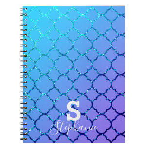 Caderno Espiral Monograma Nome inicial Glitter azul Quatrefoil Leg