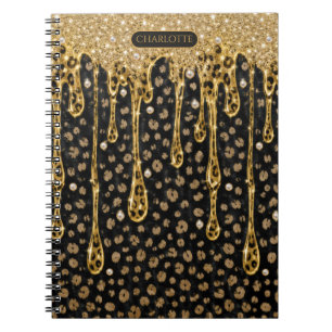 Caderno Espiral Monograma Nome Preto Dourado Brilho Gotejante Glam