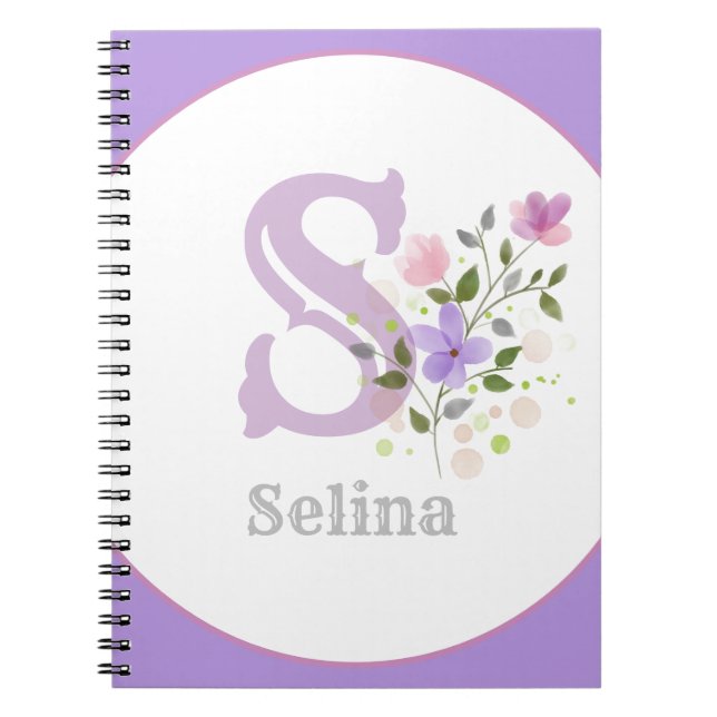 Caderno Espiral Monograma & Nome Selina com Flores (Frente)