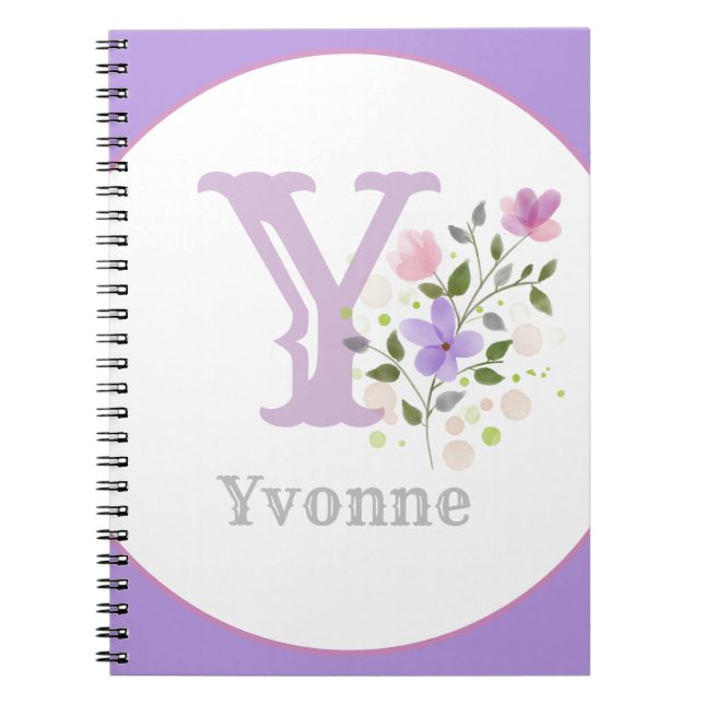 Caderno Espiral Monograma & Nome Yvonne com Flores (Frente)