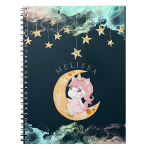 Caderno Espiral monograma noturno de unicórnio fofo