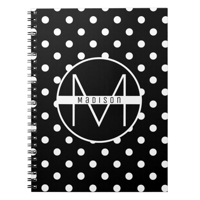 Caderno Espiral Monograma | Padrão de Bolinhas em branco e preto (Frente)