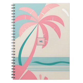 Caderno Espiral Monograma pastel praia tropical rosa e lacrimejo