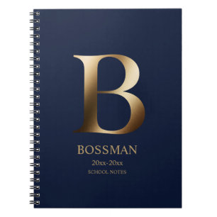 Caderno Espiral Monograma Personalizado a Ouro   Azul Marinho