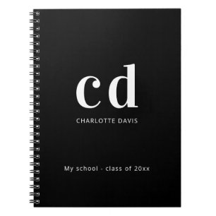 Caderno Espiral Monograma personalizado branco preto Nome minimali