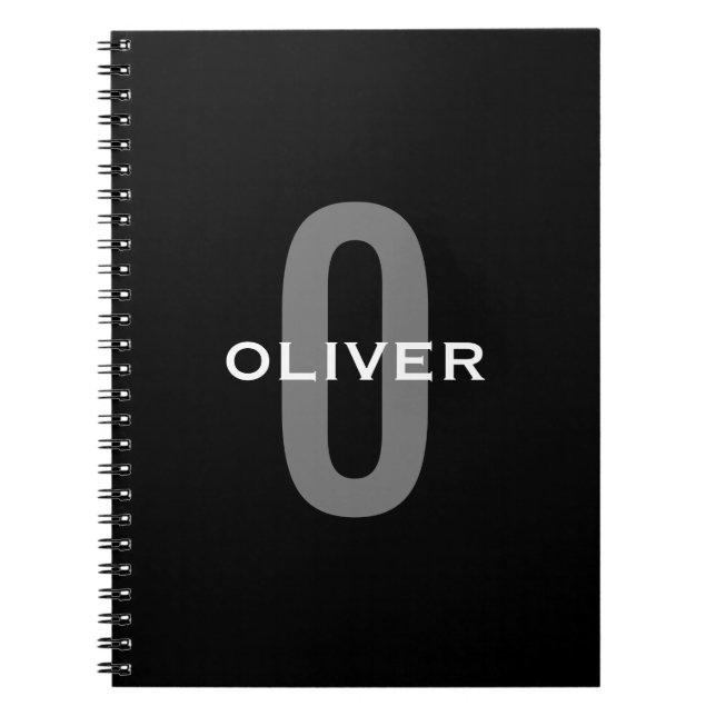 Caderno Espiral Monograma Personalizado Cinza Negra Nome Branco (Frente)