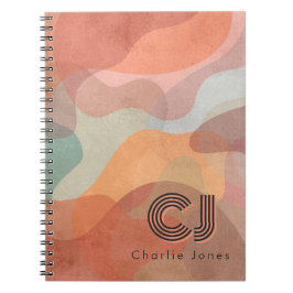 Caderno Espiral Monograma Personalizado com Padrão Abstrato Retro