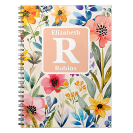 Caderno Espiral Monograma personalizado de flores coloridas de pri
