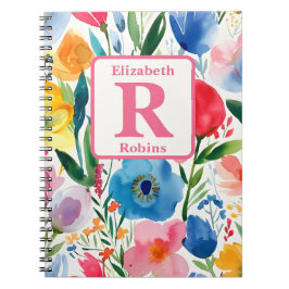 Caderno Espiral Monograma personalizado de flores coloridas de pri