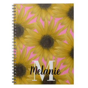 Caderno Espiral Monograma Personalizado de Girassol Realista Rosa
