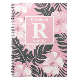 Caderno Espiral Monograma personalizado de hibisco rosa tropical