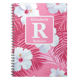 Caderno Espiral Monograma personalizado de hibisco rosa tropical