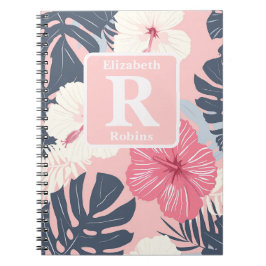 Caderno Espiral Monograma personalizado de hibisco rosa tropical