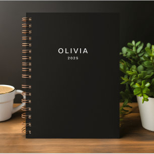 Caderno Espiral Monograma personalizado de nome e preto Elegante