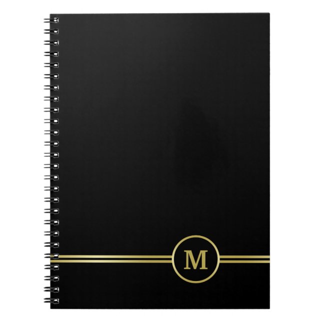 Caderno Espiral Monograma personalizado de ouro elegante a preto (Frente)