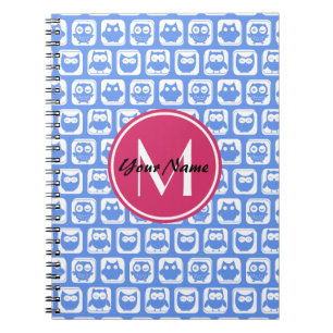 Caderno Espiral Monograma Personalizado de Padrão de Coruja Azul C