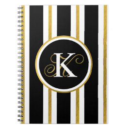 Caderno Espiral Monograma Personalizado de Stripes Negras e Dourad