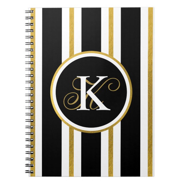 Caderno Espiral Monograma Personalizado de Stripes Negras e Dourad (Frente)