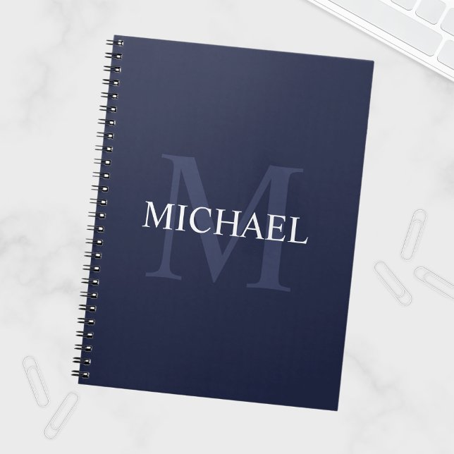 Caderno Espiral Monograma personalizado e Marinho de nome azul (Criador carregado)