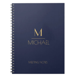 Caderno Espiral Monograma Personalizado Nome Azul Marinho e Dour