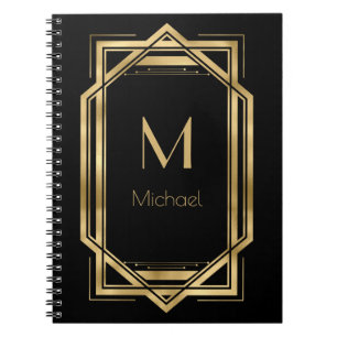 Caderno Espiral Monograma Personalizado Preto e Dourado Geométri