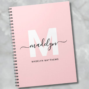 Caderno Espiral Monograma Personalizado Rosa Bege Feminino