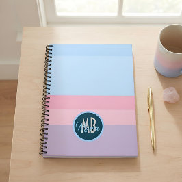 Caderno Espiral Monograma Personalizado Rosa Pastel e Listras Azui