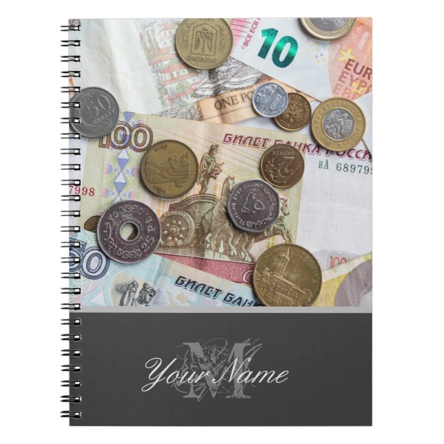 Caderno Espiral Monograma personalizável com moedas e notas bancár (Frente)