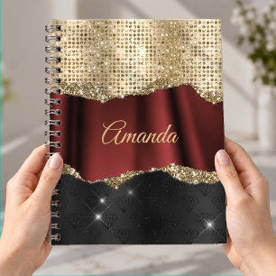 Caderno Espiral Monograma preto dourado vermelho brilhante falso e