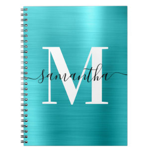 Caderno Espiral Monograma Preto e Branco Turquesa Azul Folha