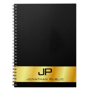 Caderno Espiral Monograma preto e Elegante Dourado, Modelo moderno