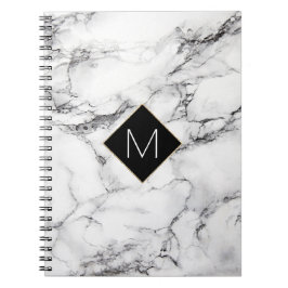 Caderno Espiral monograma preto elegante na textura de mármore bra