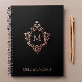 Caderno Espiral Monograma Preto Rosa Elegante Crista em Dourado Ro