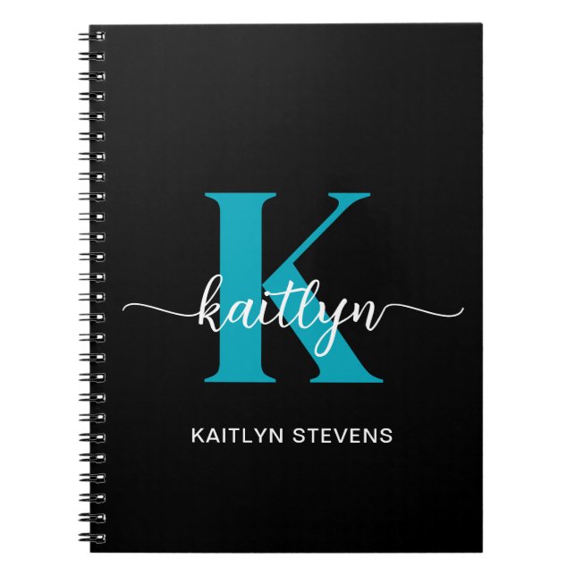 Caderno Espiral Monograma Preto Teal (Frente)