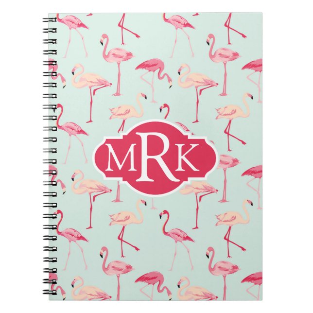 Caderno Espiral Monograma retro do teste padrão | do flamingo (Frente)