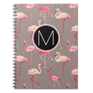 Caderno Espiral Monograma retro dos flamingos  