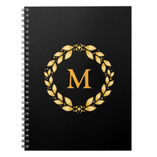 Caderno Espiral Monograma romano com folhas dourado ornamentado da