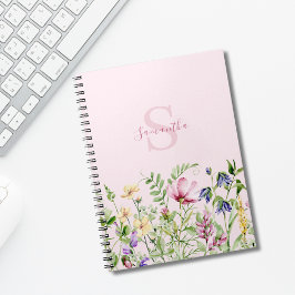 Caderno Espiral Monograma Rosa Flor Silvestre Floral Personalizada