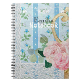 Caderno Espiral Monograma rústico floral rosa obra de arte antiga 