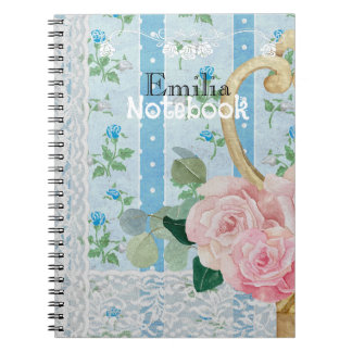 Caderno Espiral Monograma rústico floral rosa obra de arte antiga